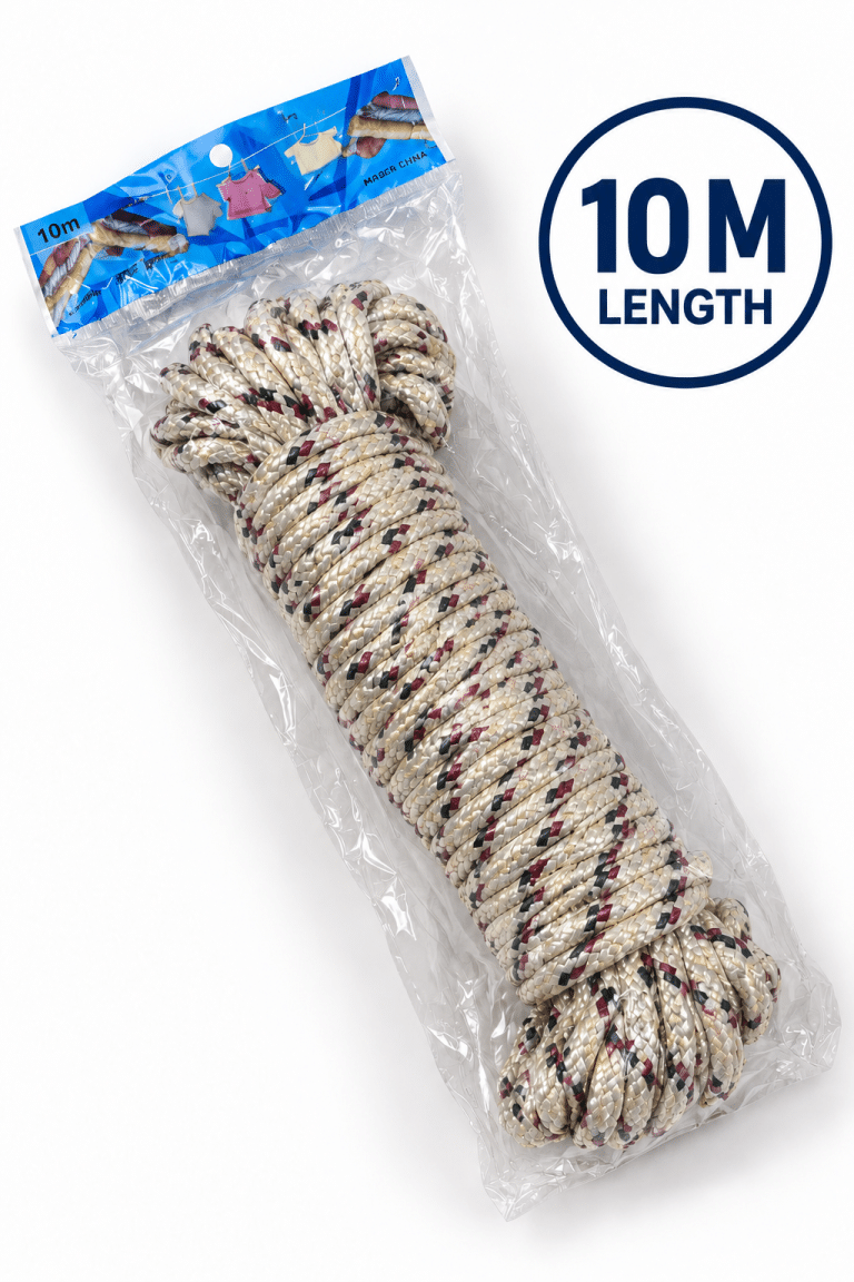 Cream 10m clothesline rope with red and dark flecks, coiled on a white background